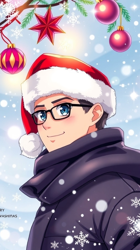 A Christmas-themed profile picture of Yashiro with snowflakes and ornaments, wearing a Santa hat.